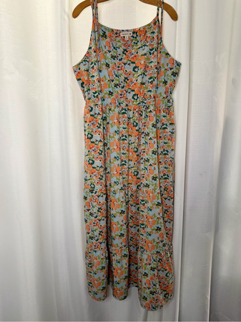 Toad&Co Maxi Dress XL Tiered Boho Sundress Blue Orange Floral